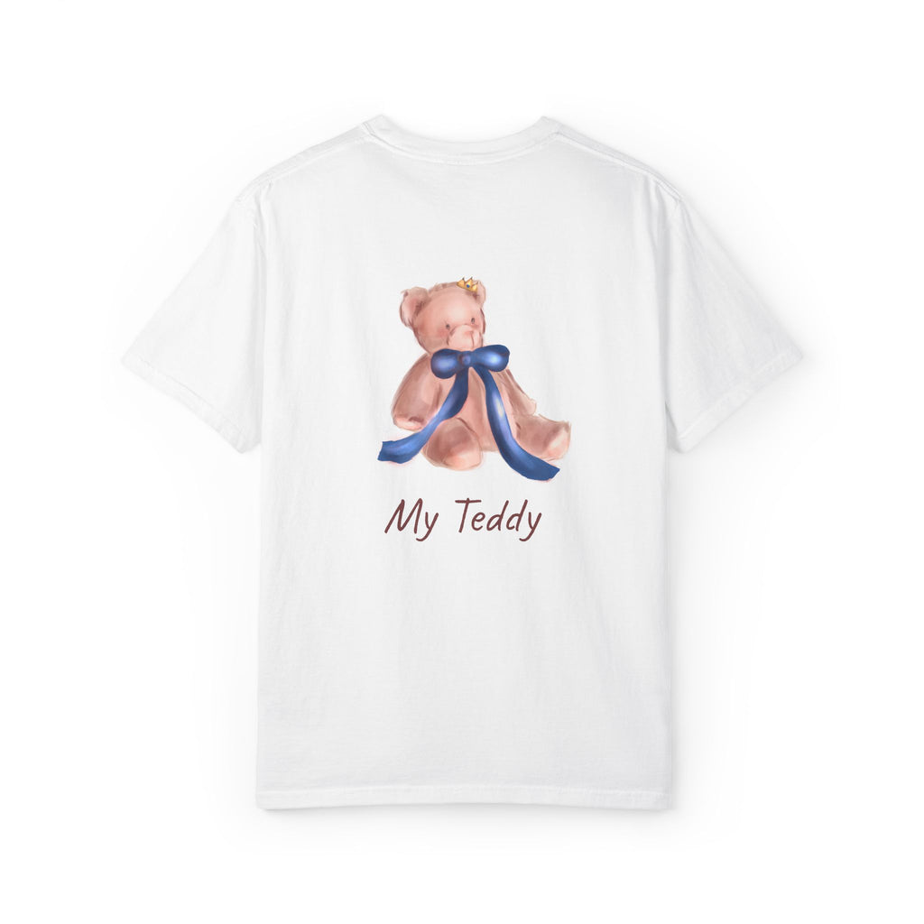 the back of the White t-shirt with a teddy bear design and 'My Teddy' text on a white background