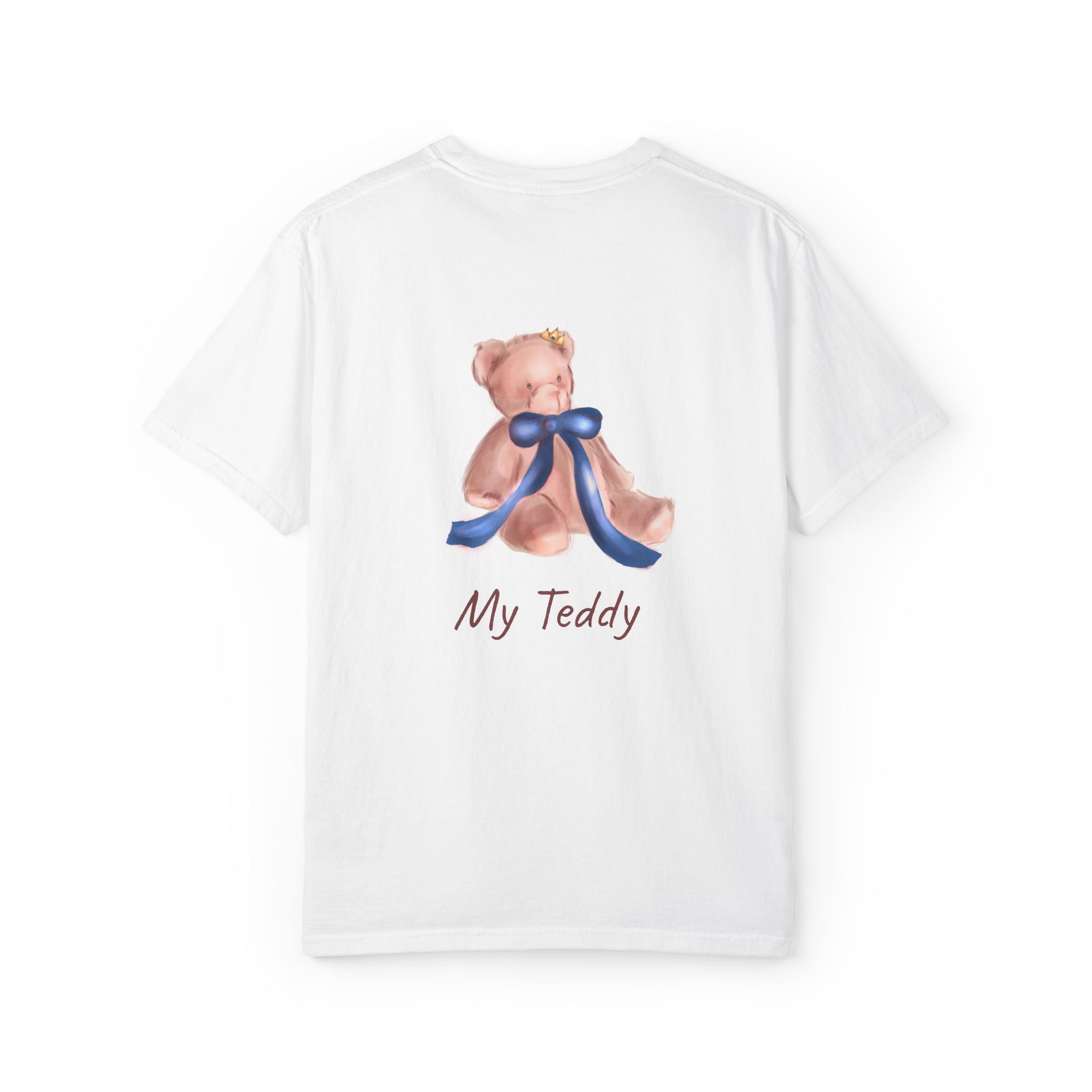the back of the White t-shirt with a teddy bear design and 'My Teddy' text on a white background