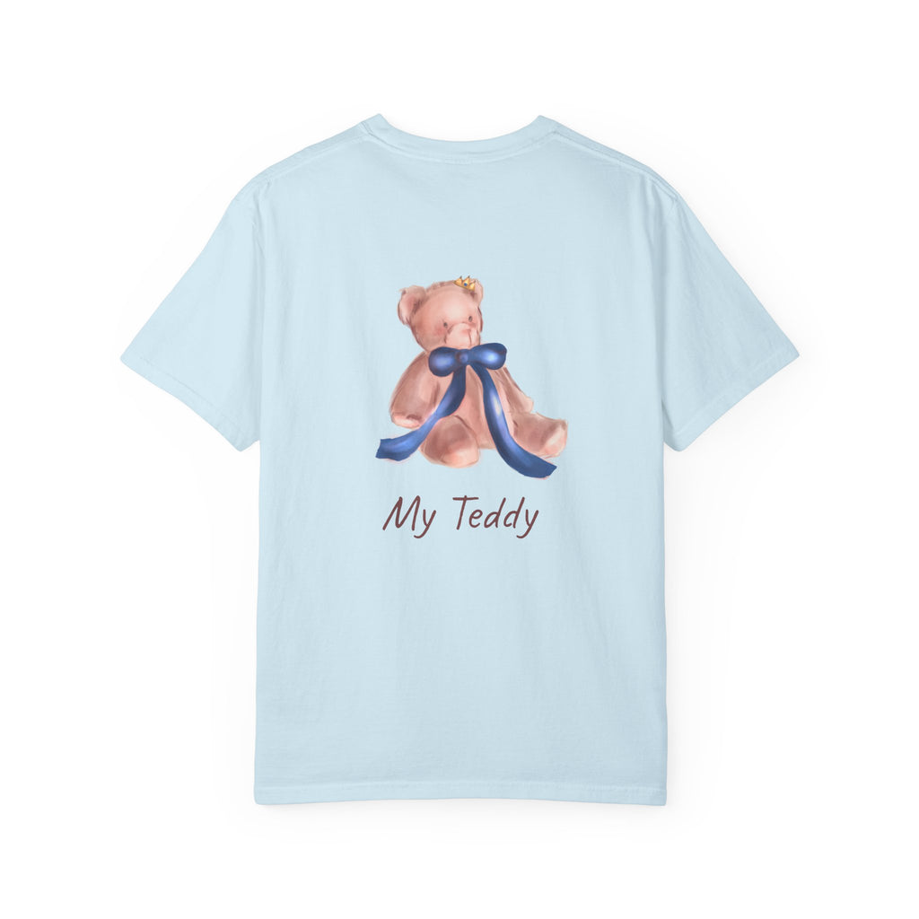 the back of the Light blue t-shirt with a teddy bear design and 'My Teddy' text on a white background