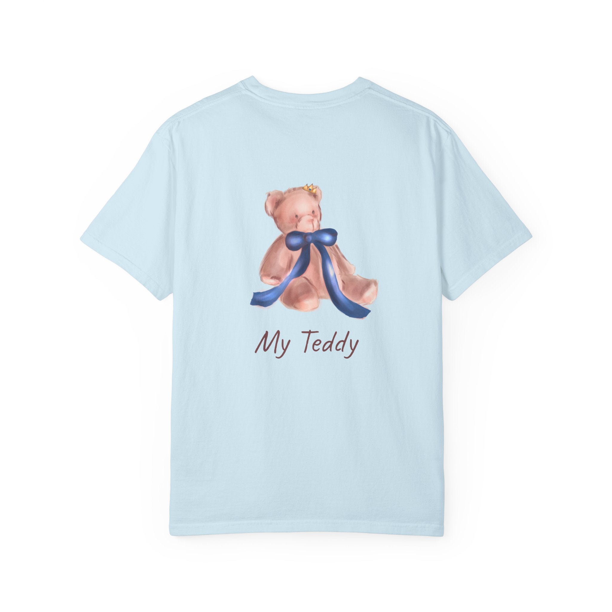 the back of the Light blue t-shirt with a teddy bear design and 'My Teddy' text on a white background