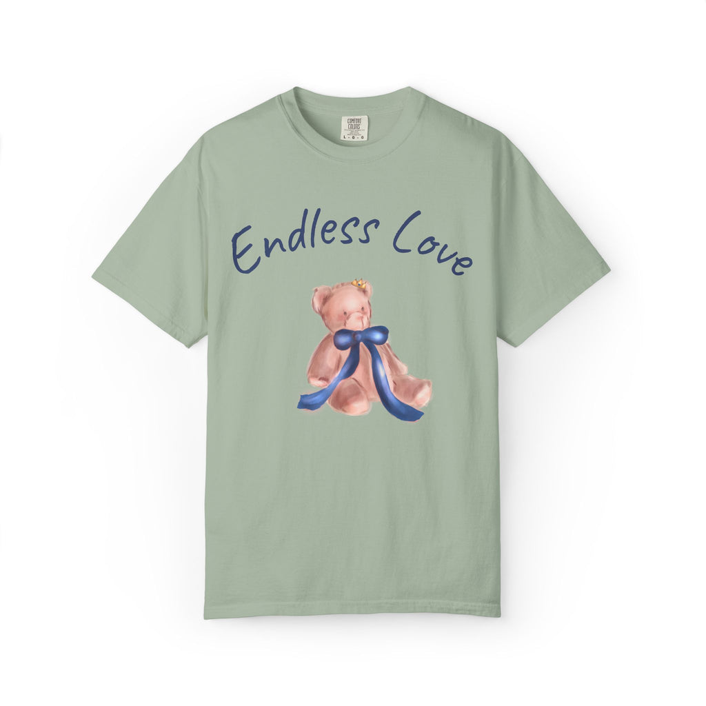 Green t-shirt with teddy bear and 'Endless Love' text on a white background
