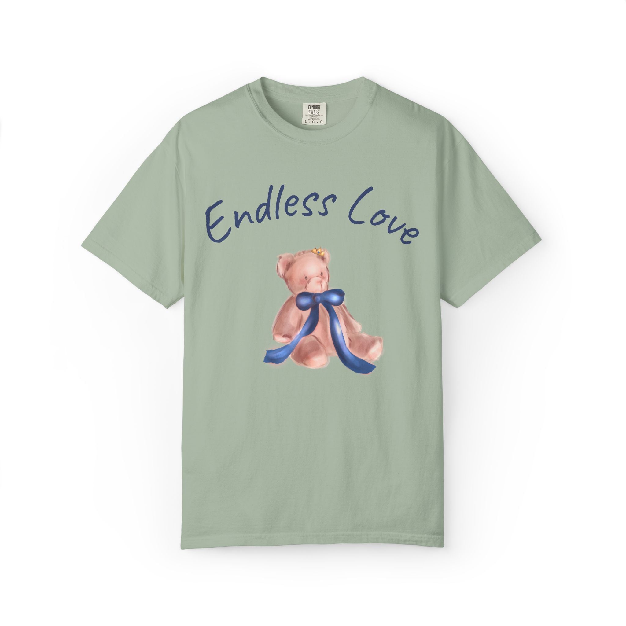 Green t-shirt with teddy bear and 'Endless Love' text on a white background