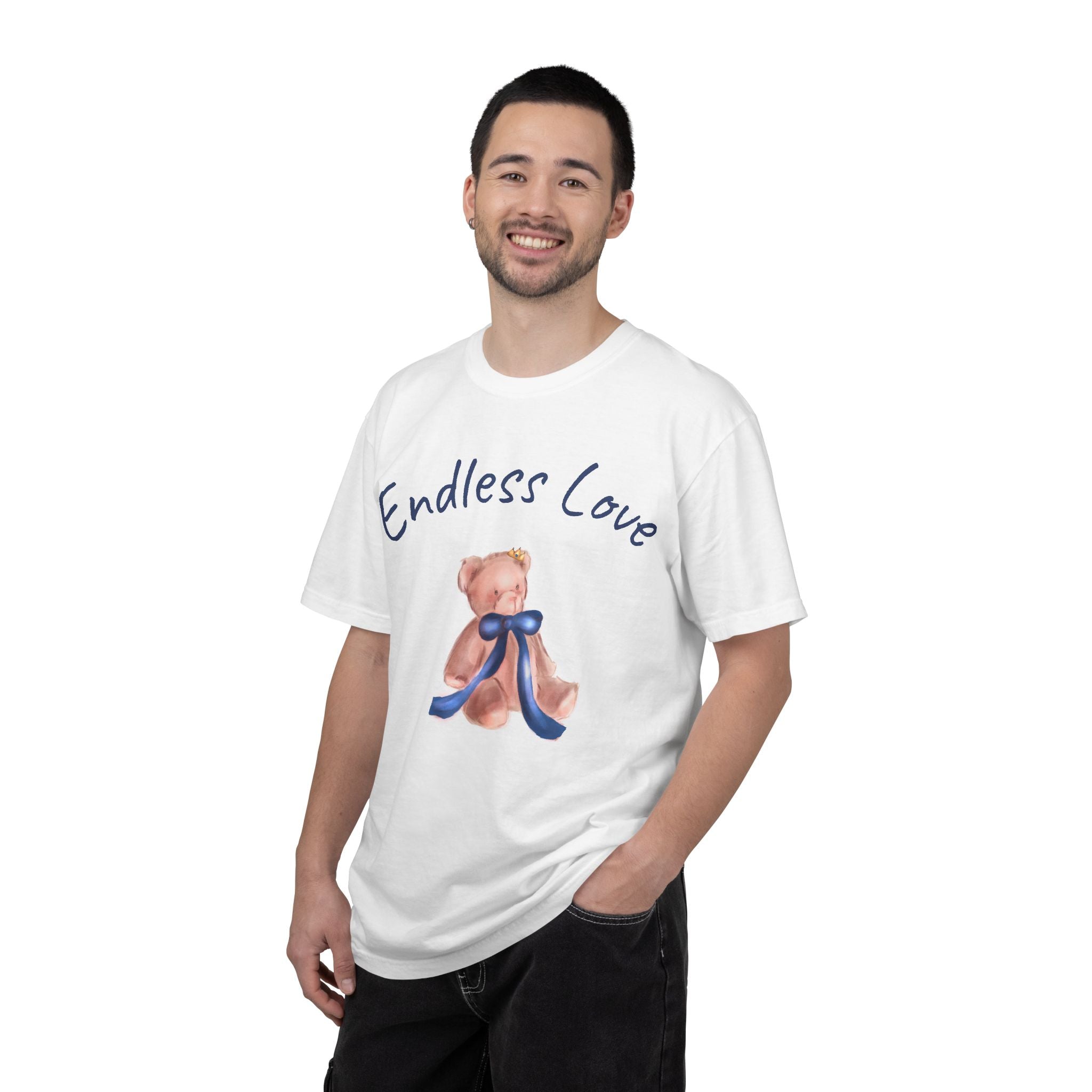Man wearing a white t-shirt with a teddy bear and 'Endless Love' text design.