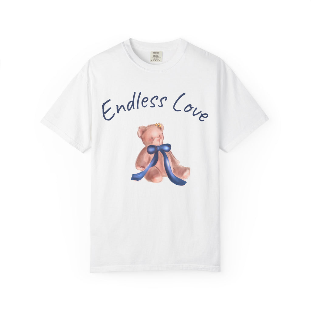 White t-shirt with teddy bear and 'Endless Love' text on a white background