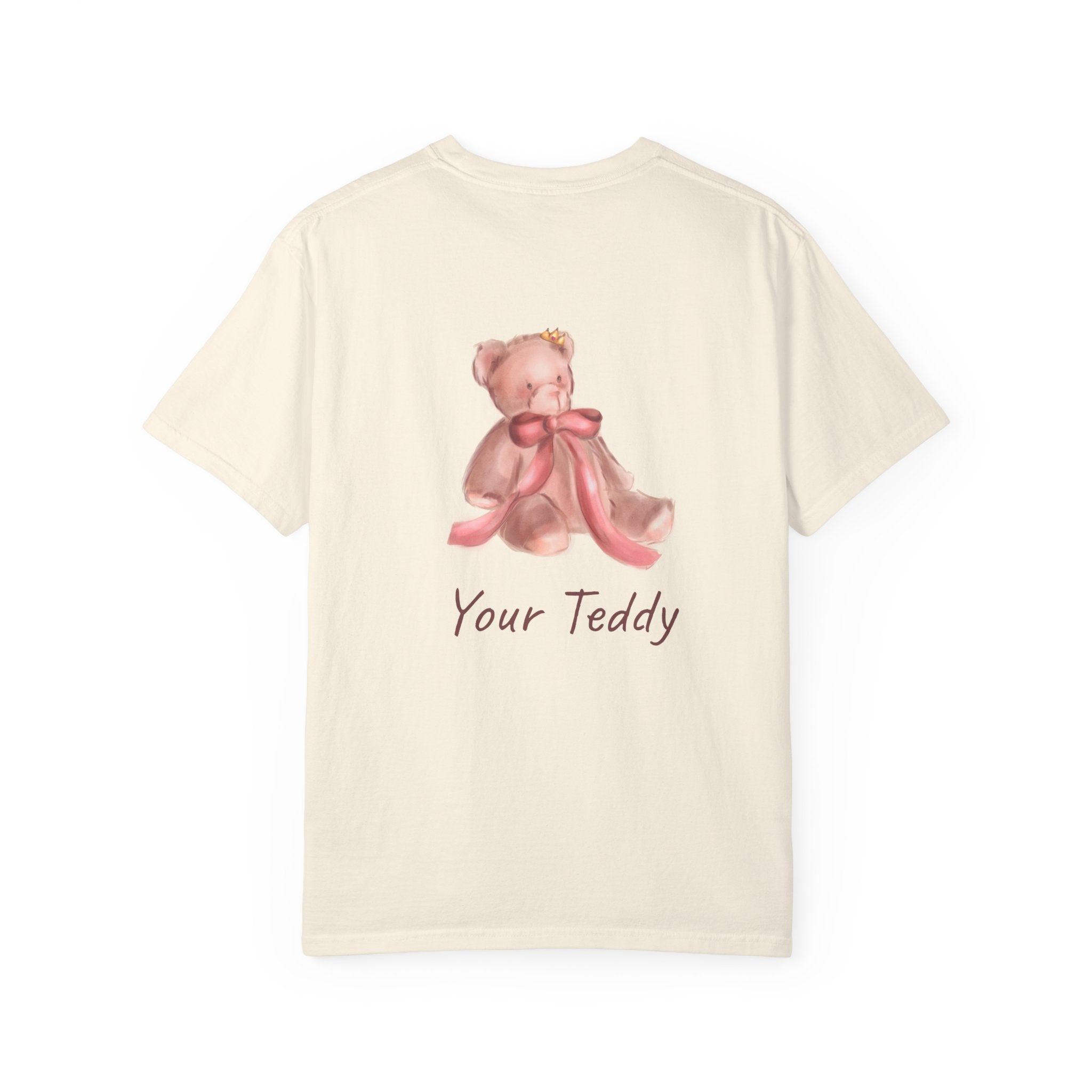 the back of the Beige t-shirt with a teddy bear design and 'Your Teddy' text on a white background