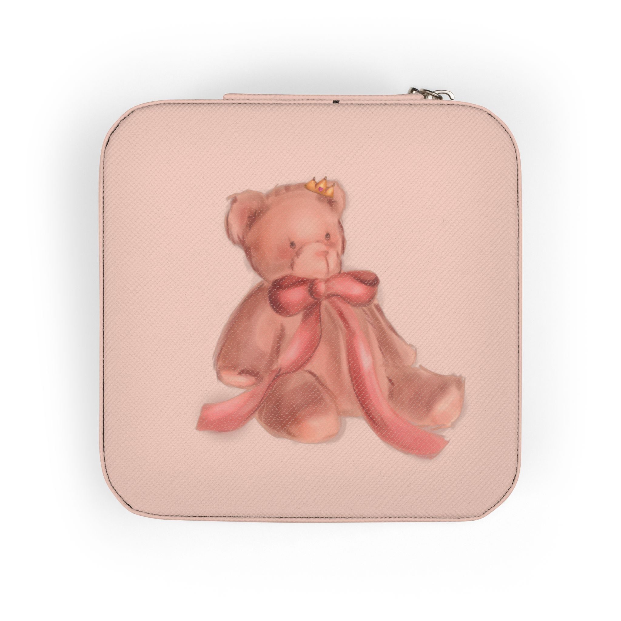 Pink pouch with a teddy bear design on a white background