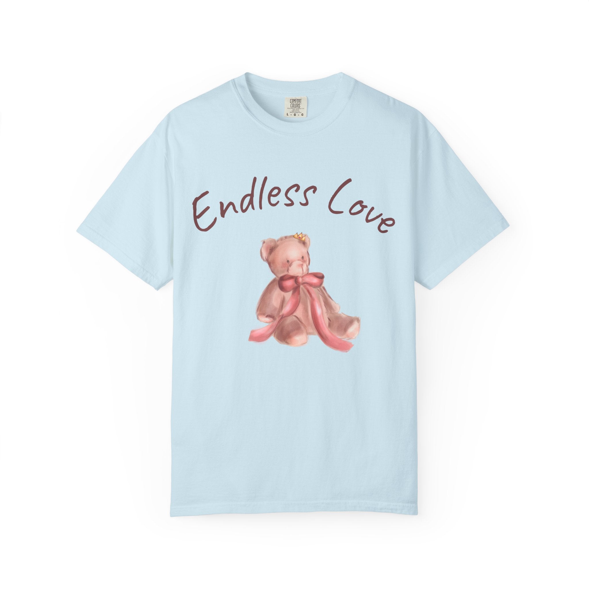 Light blue t-shirt with teddy bear and 'Endless Love' text on a white background