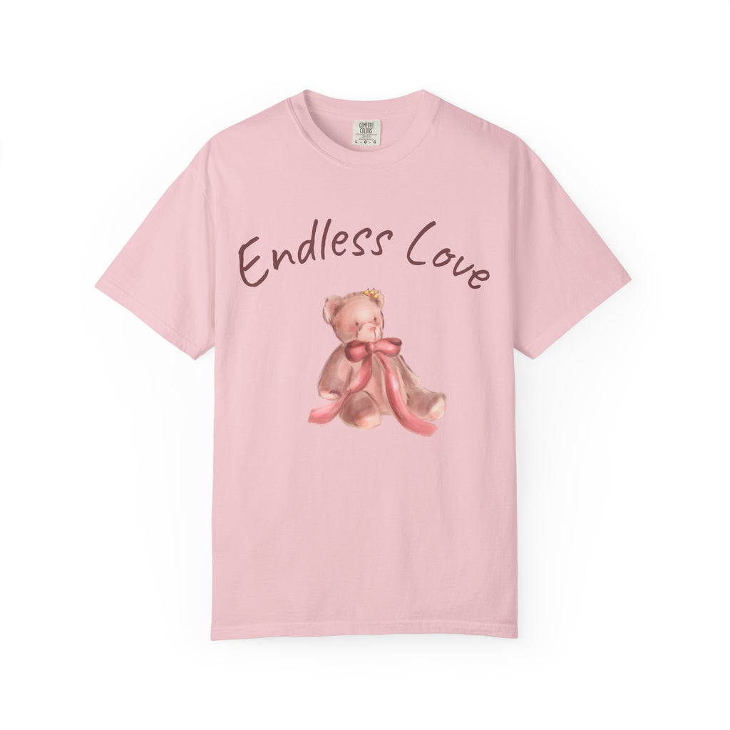 Pink t-shirt with teddy bear and 'Endless Love' text on a white background