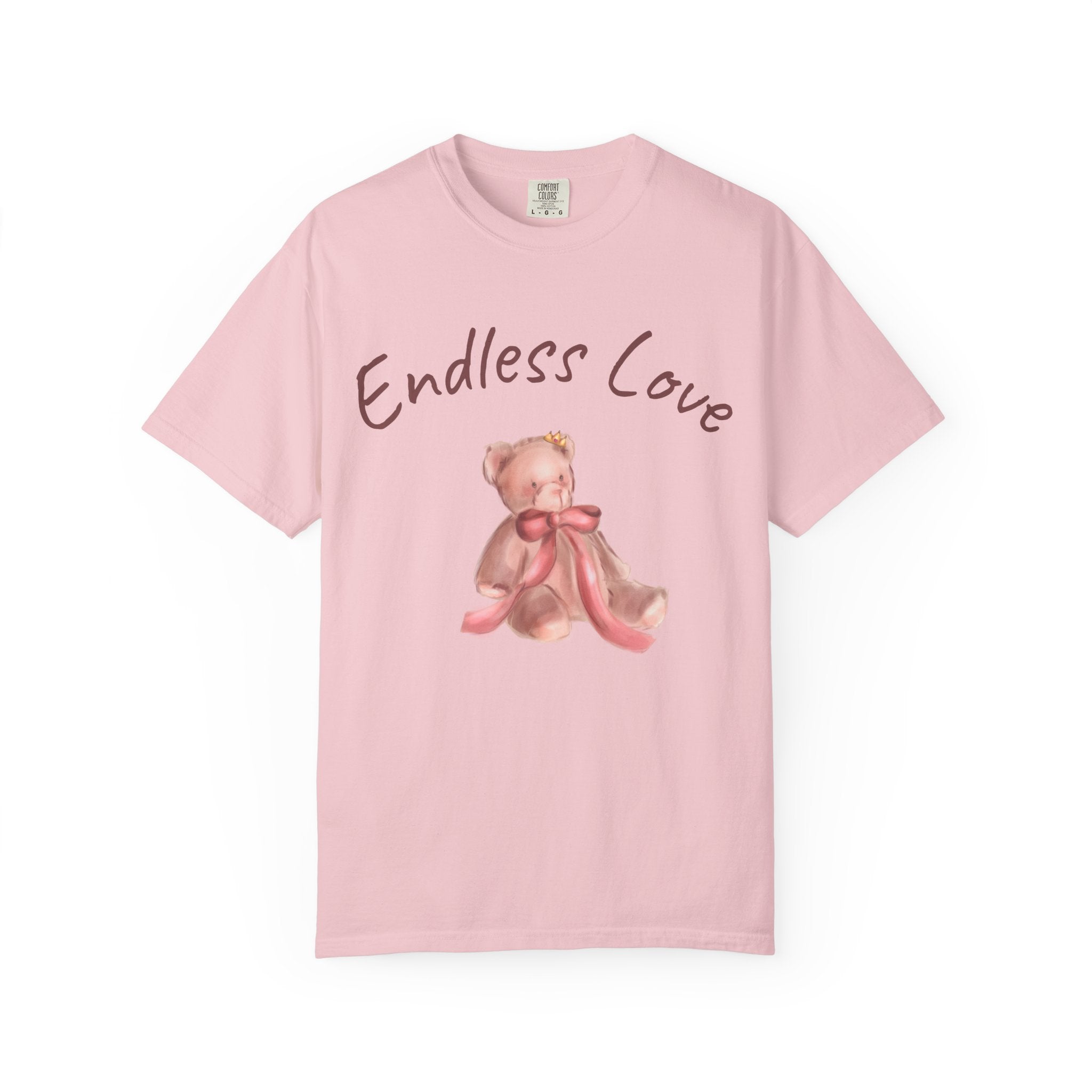 Pink t-shirt with teddy bear and 'Endless Love' text on a white background