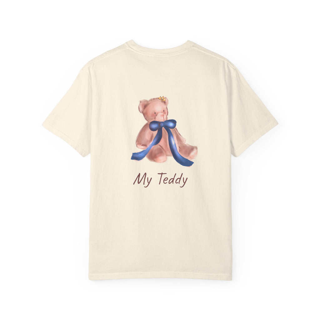 the back of the Beige t-shirt with teddy bear graphic and 'My Teddy' text on a white background