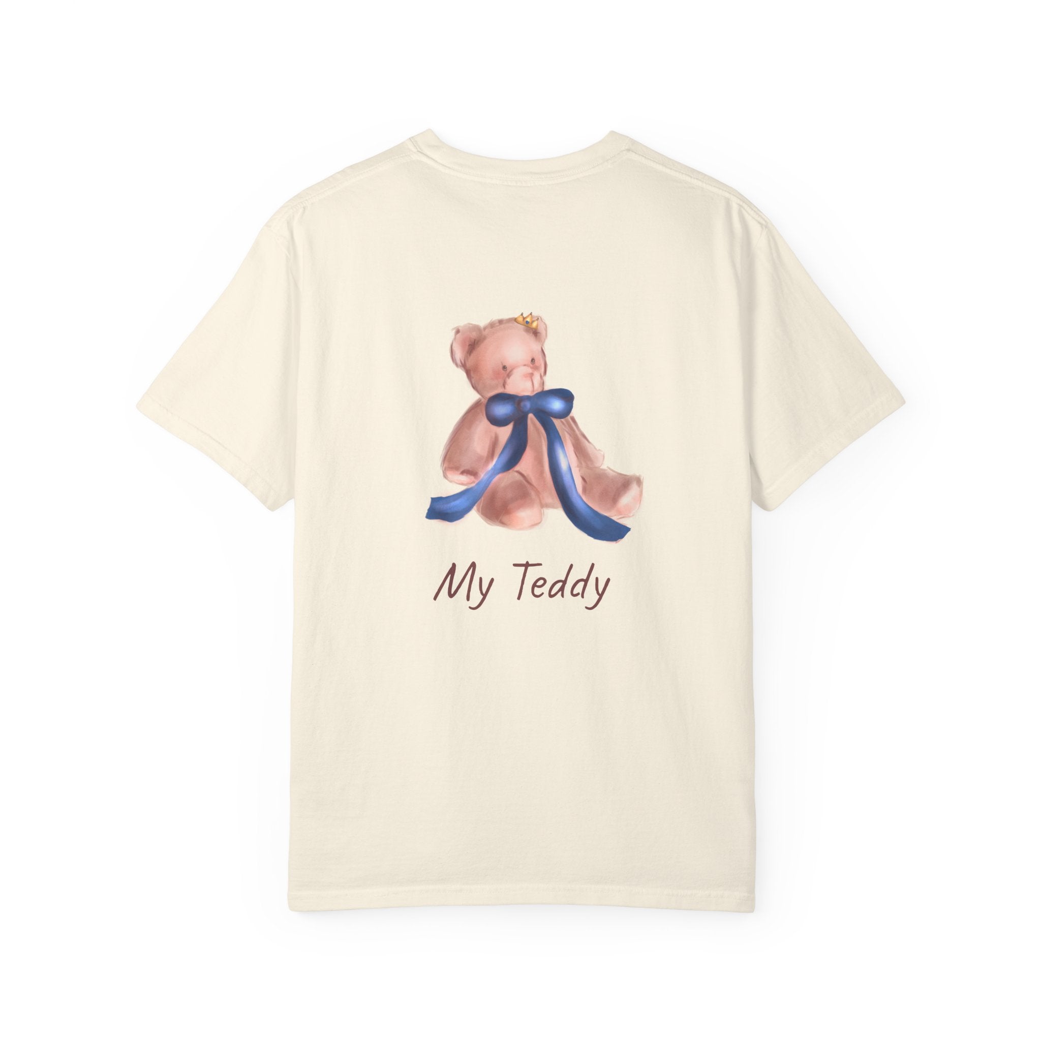 the back of the Beige t-shirt with teddy bear graphic and 'My Teddy' text on a white background
