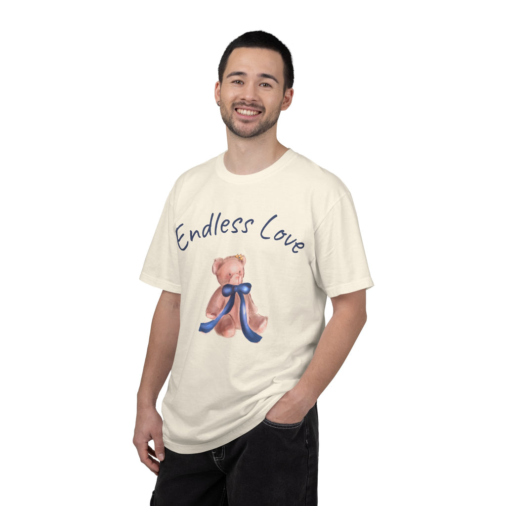 Man wearing a t-shirt with a teddy bear and 'Endless Love' text on a white background