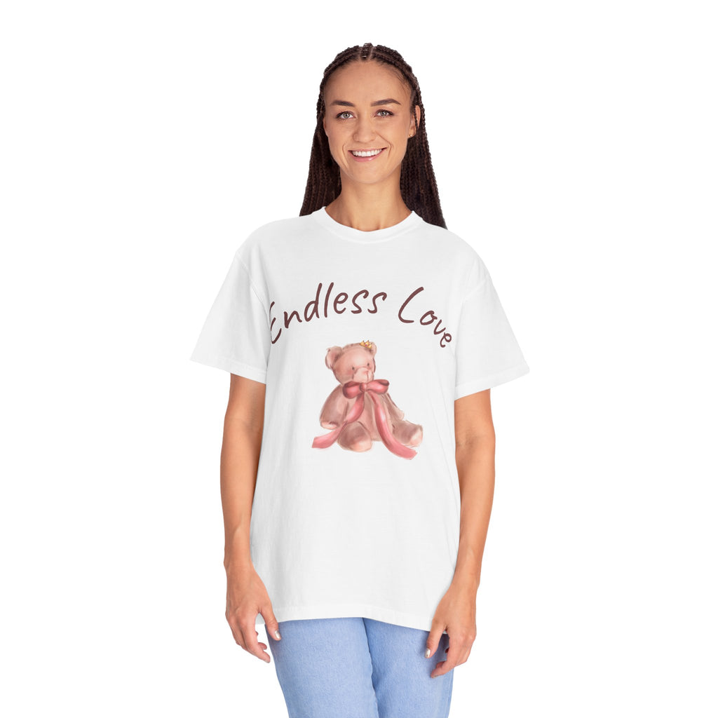 Woman wearing a white t-shirt with a teddy bear and 'Endless Love' text on a white background