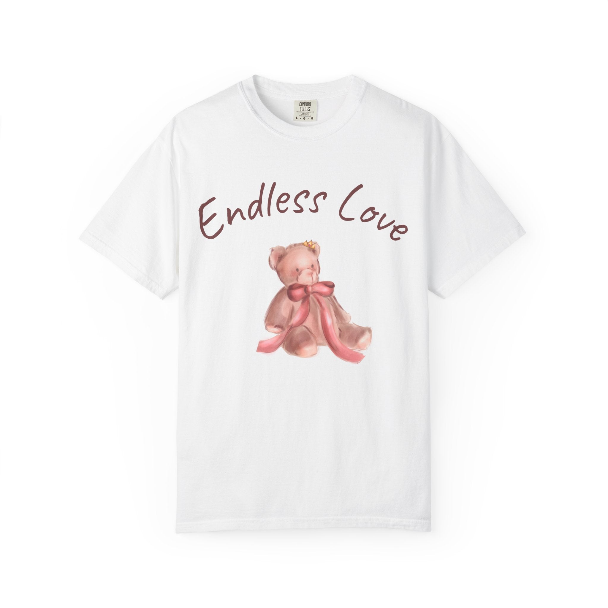 White t-shirt with teddy bear and 'Endless Love' text on a white background