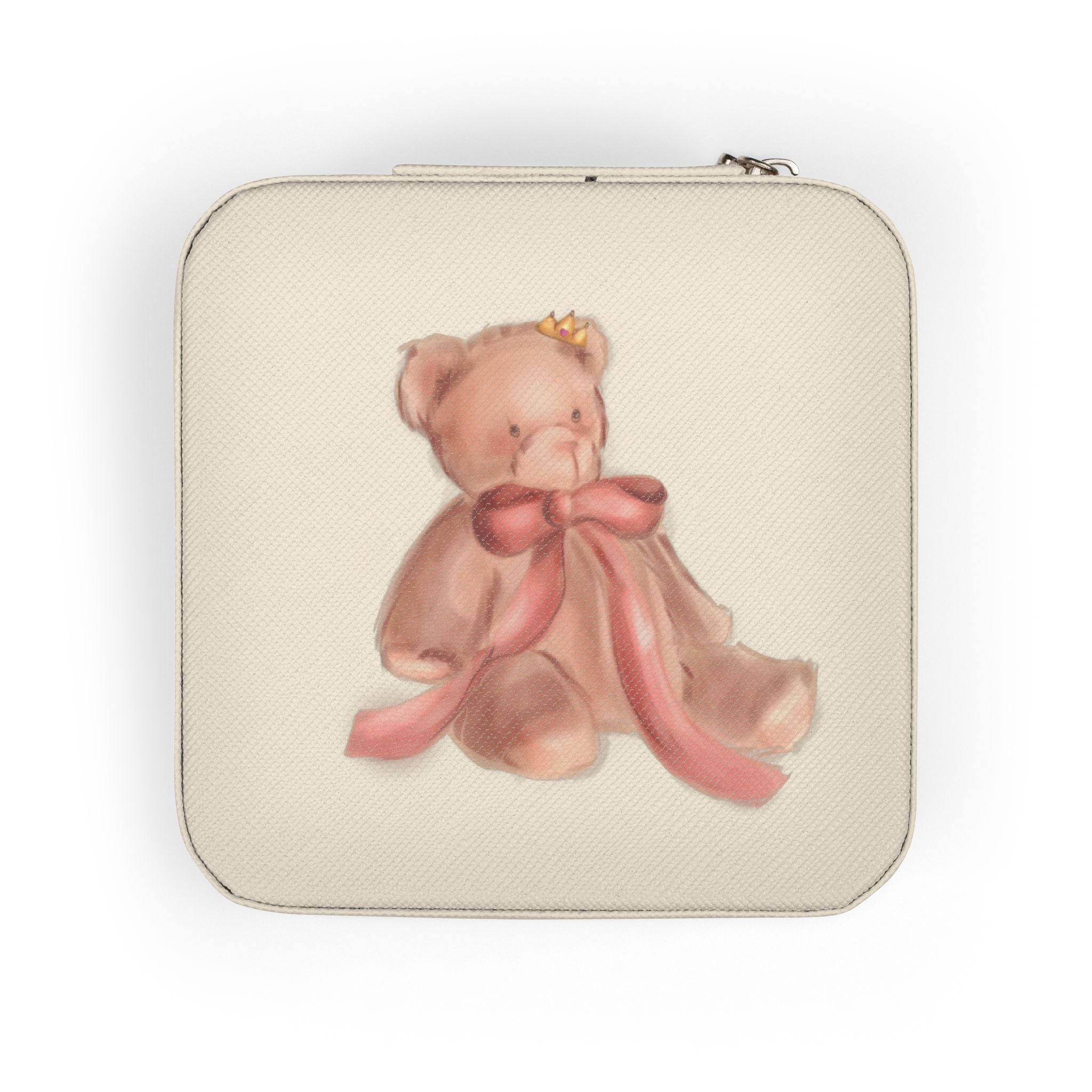 soft beige/ ivory travel jewelry case with cute teddy bear in center