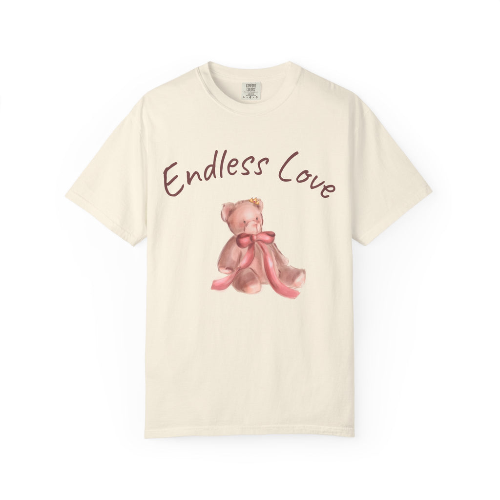 Beige t-shirt with teddy bear graphic and 'Endless Love' text on a white background
