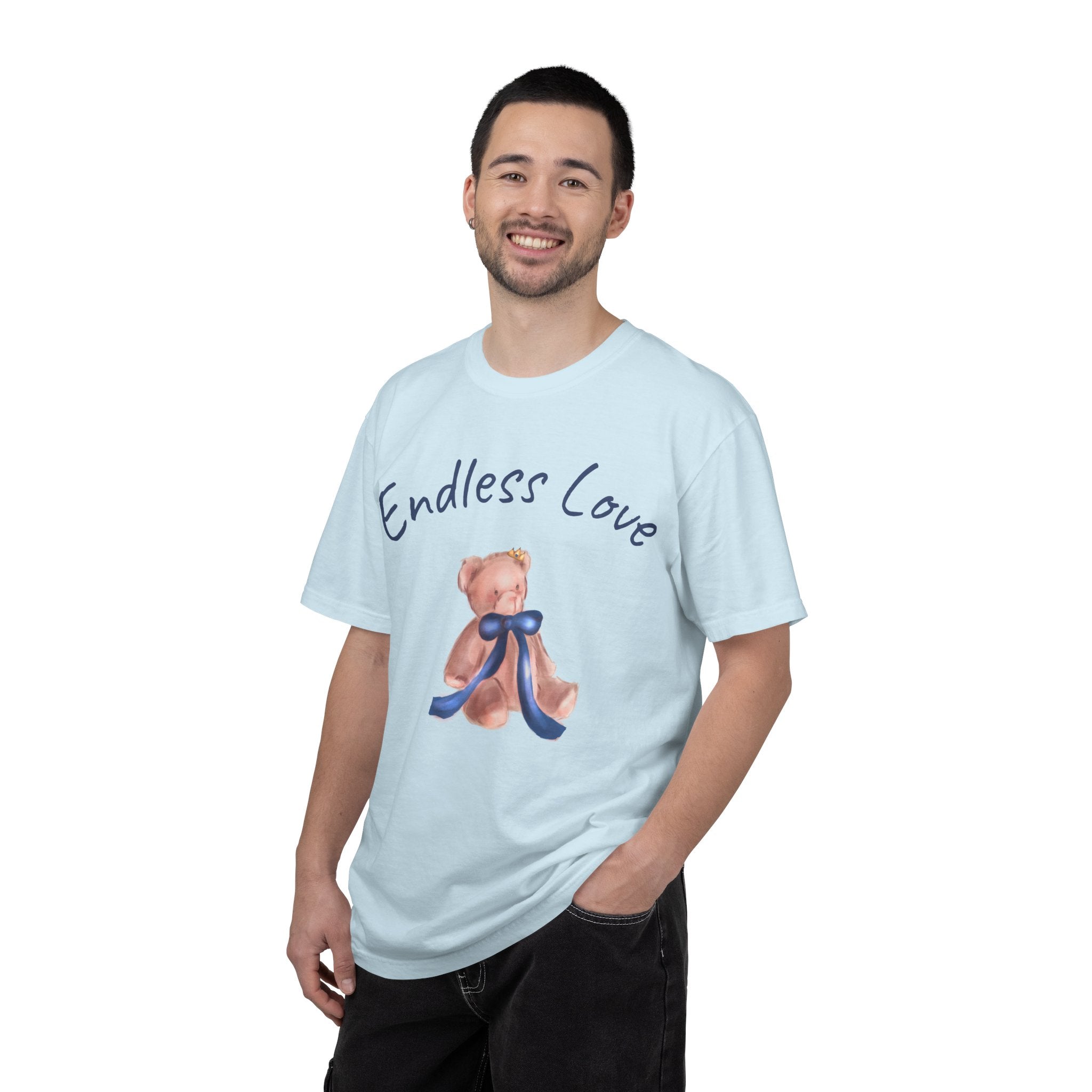 Man wearing a light blue t-shirt with a teddy bear and 'Endless Love' text on a white background