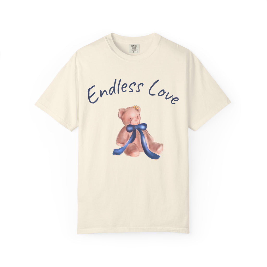 Beige t-shirt with teddy bear and 'Endless Love' text on a white background