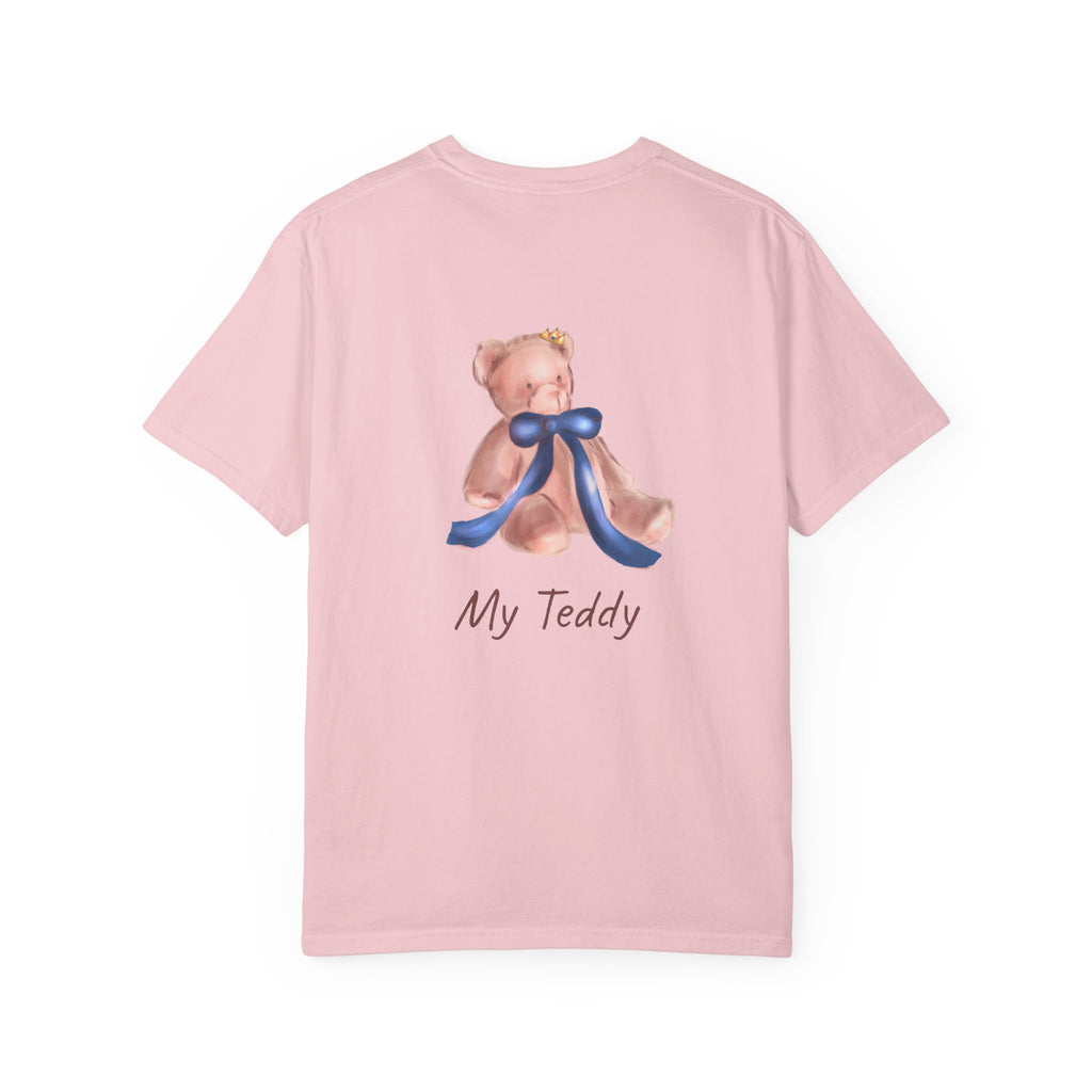 the back of the Pink t-shirt with a teddy bear and 'My Teddy' text on a white background