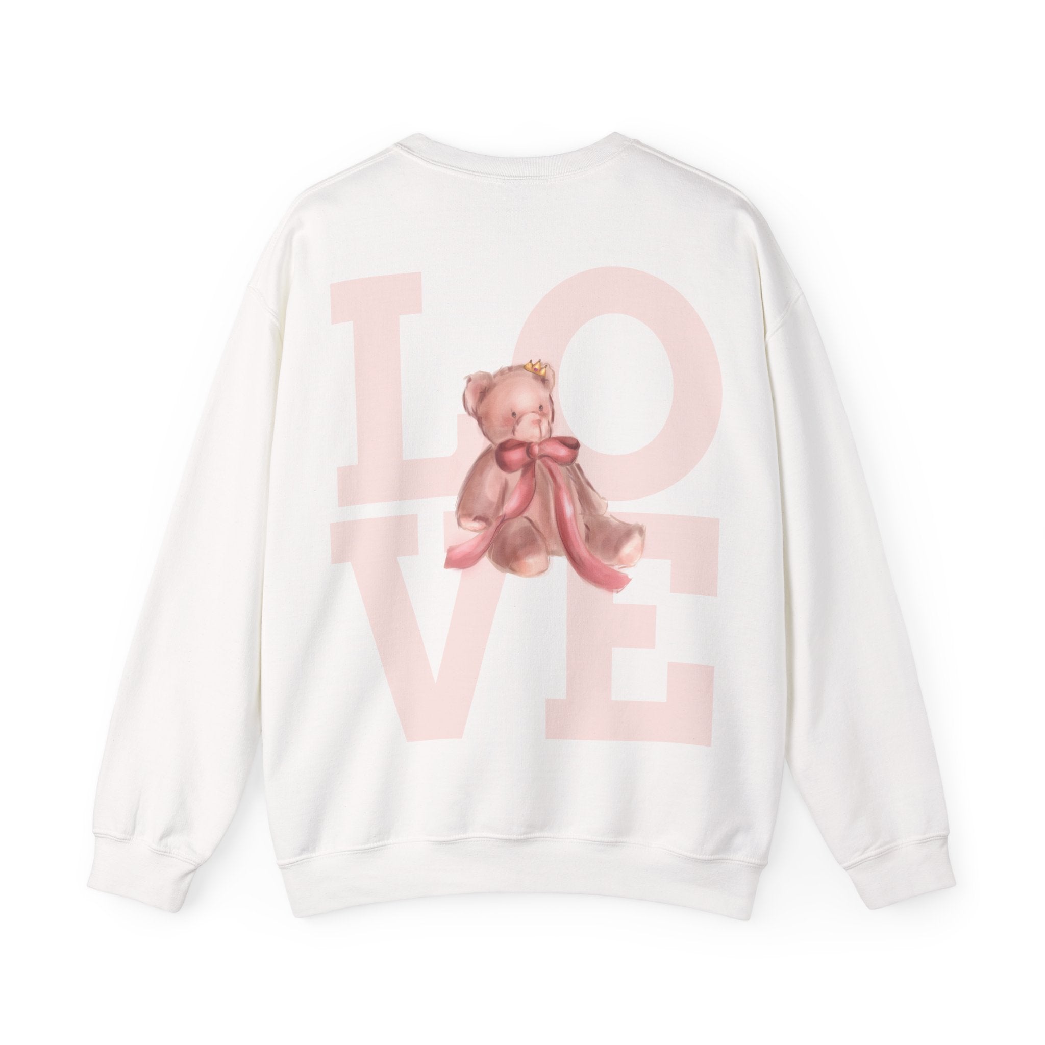 White sweatshirt with a teddy bear and 'LOVE' text design on a white background