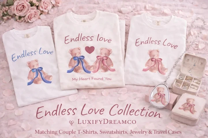 White t-shirts with teddy bears and text, jewelry box, and travel cases on a pink floral background.